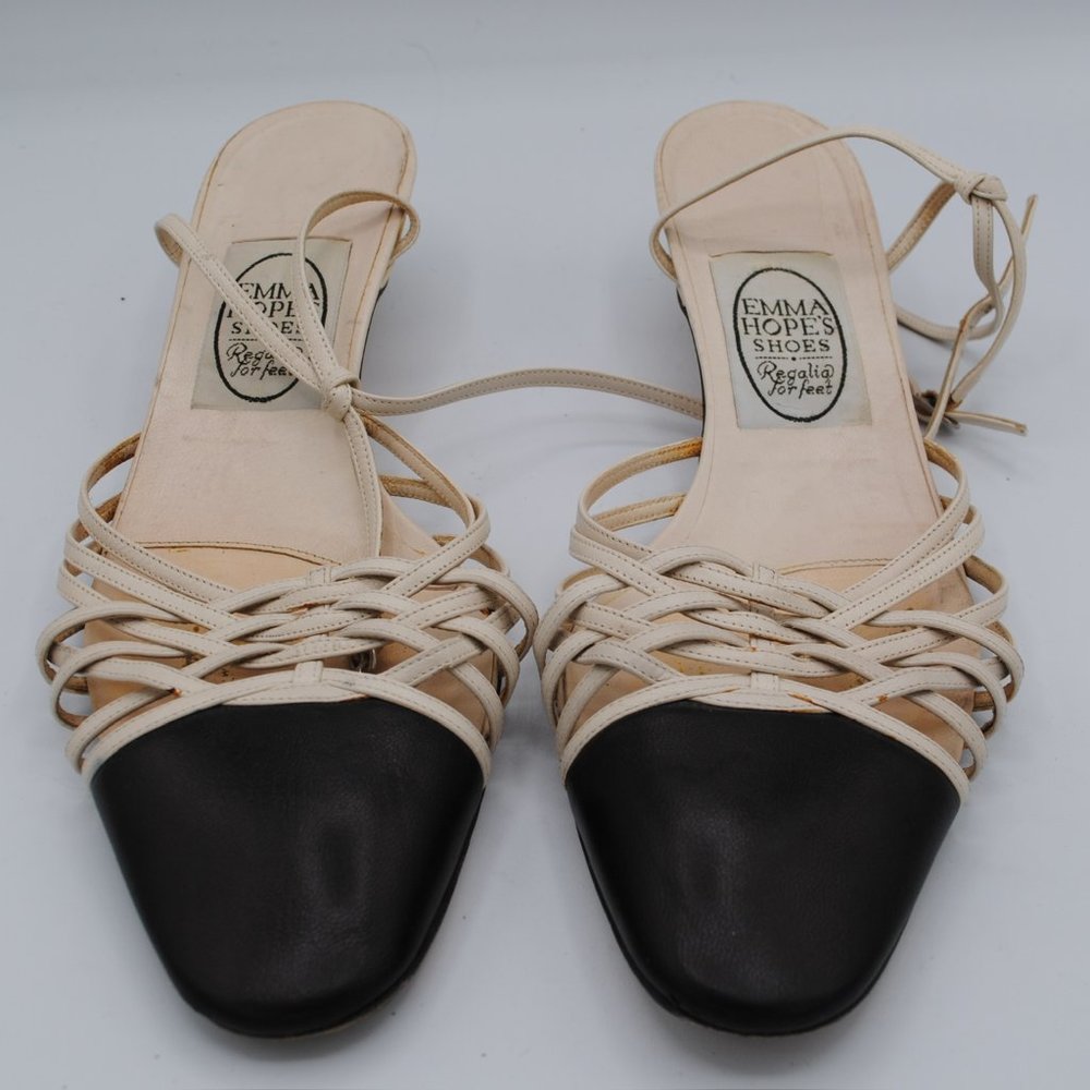 Vintage Emma Hope Heeled Strappy Sandals in White w/ Black Toe sz. 39